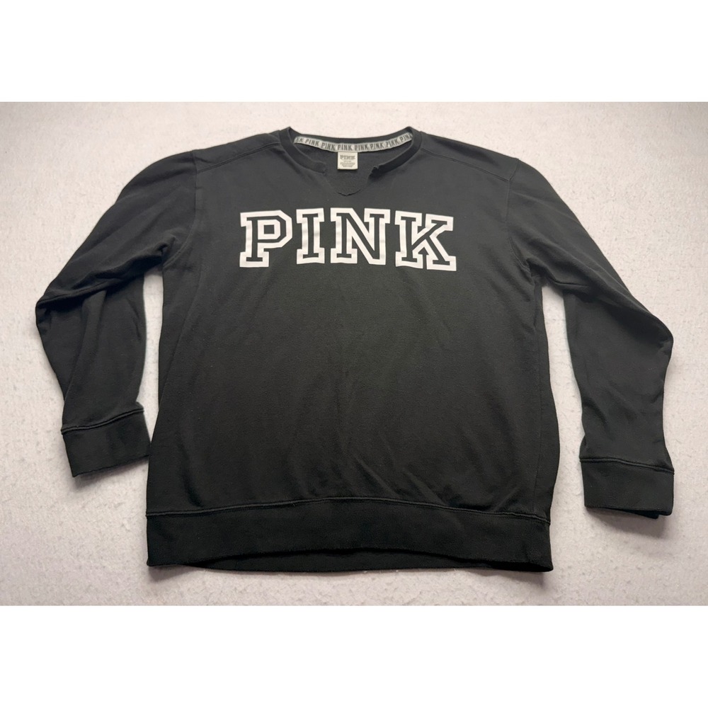 Victoria's Secret PINK Sweatshirt Black Notched V-Neck Logo Pullover Medium